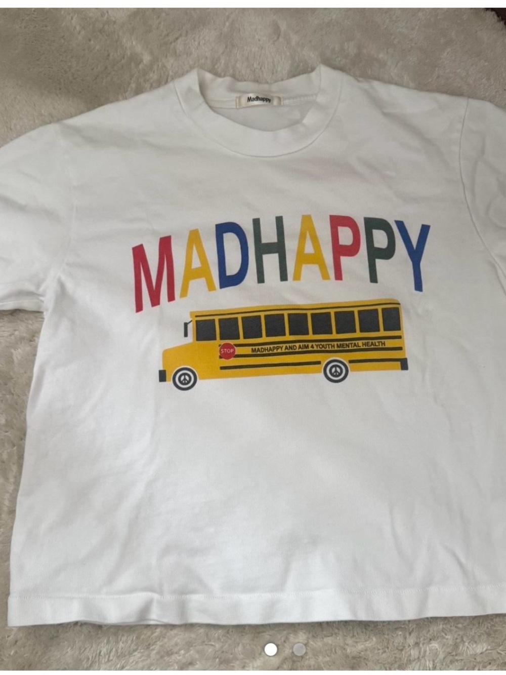 MadHappy Kids White Graphic Tee with Yellow School Bus ( women’s too)